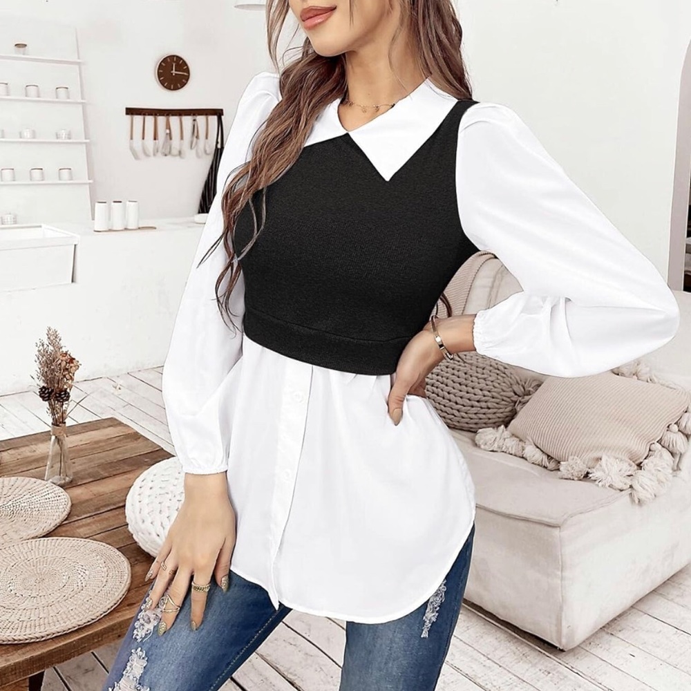 Button Down Long Sleeve Collared 2 in 1 Style Ribbed Pullover Top Size XL